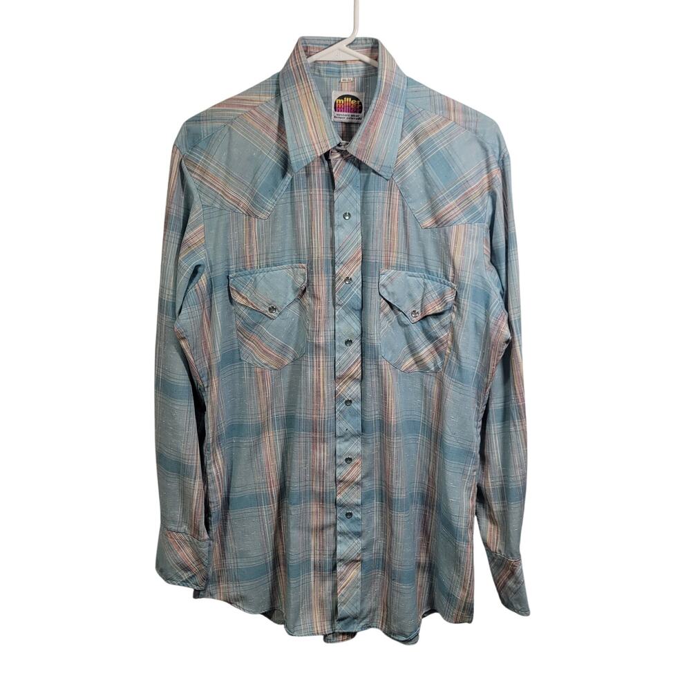Vtg Miller Western Wear Blue Plaid Snap Front Shirt Size 16.5 / 34  4826-1329